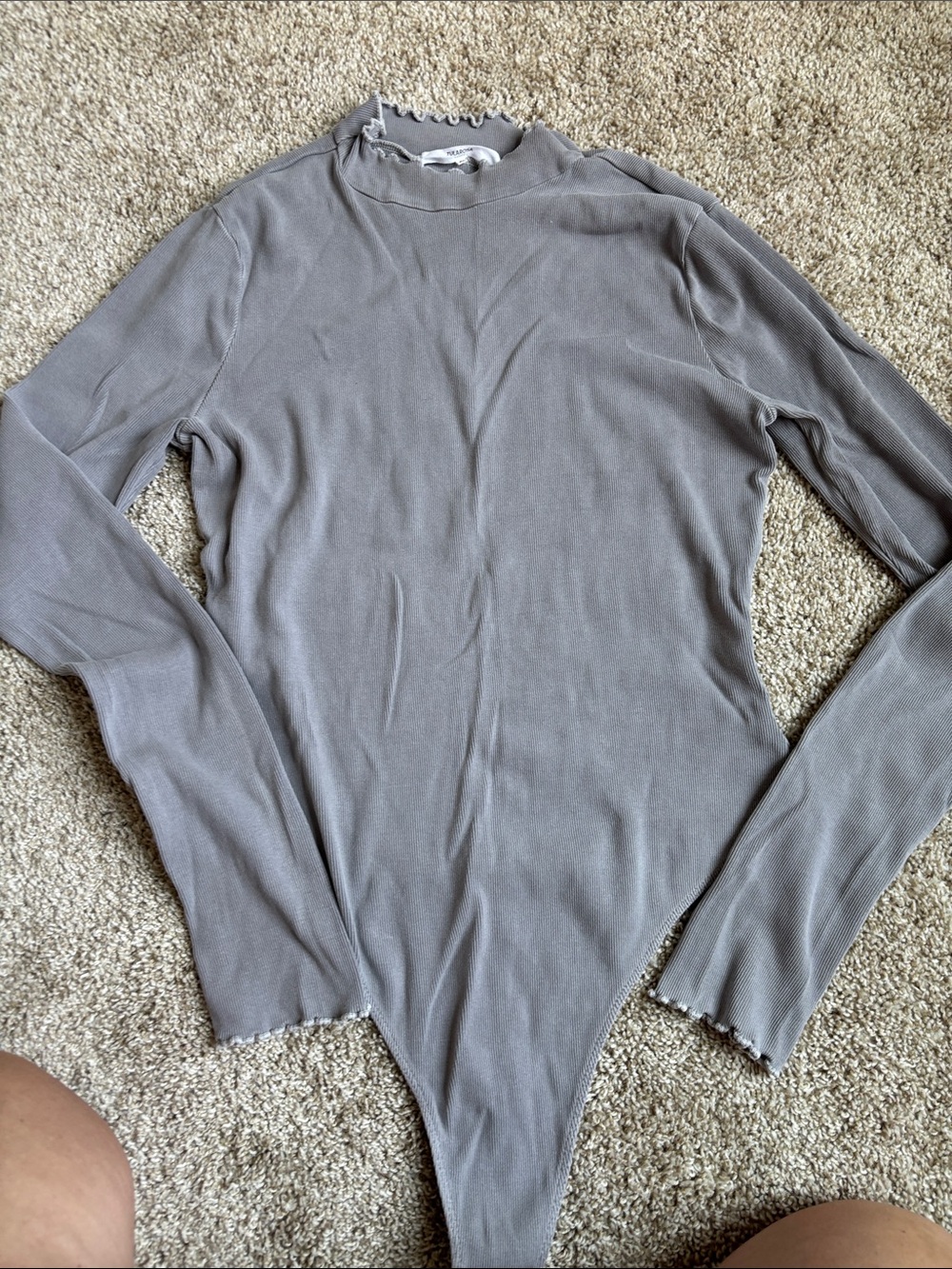 Tularosa Light Grey Ribbed Long-Sleeve Mock Neck Bodysuit